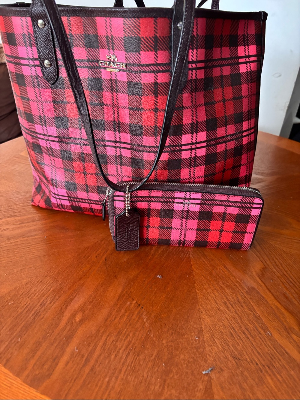 Coach Red and Pink Plaid Tote with Matching Wallet